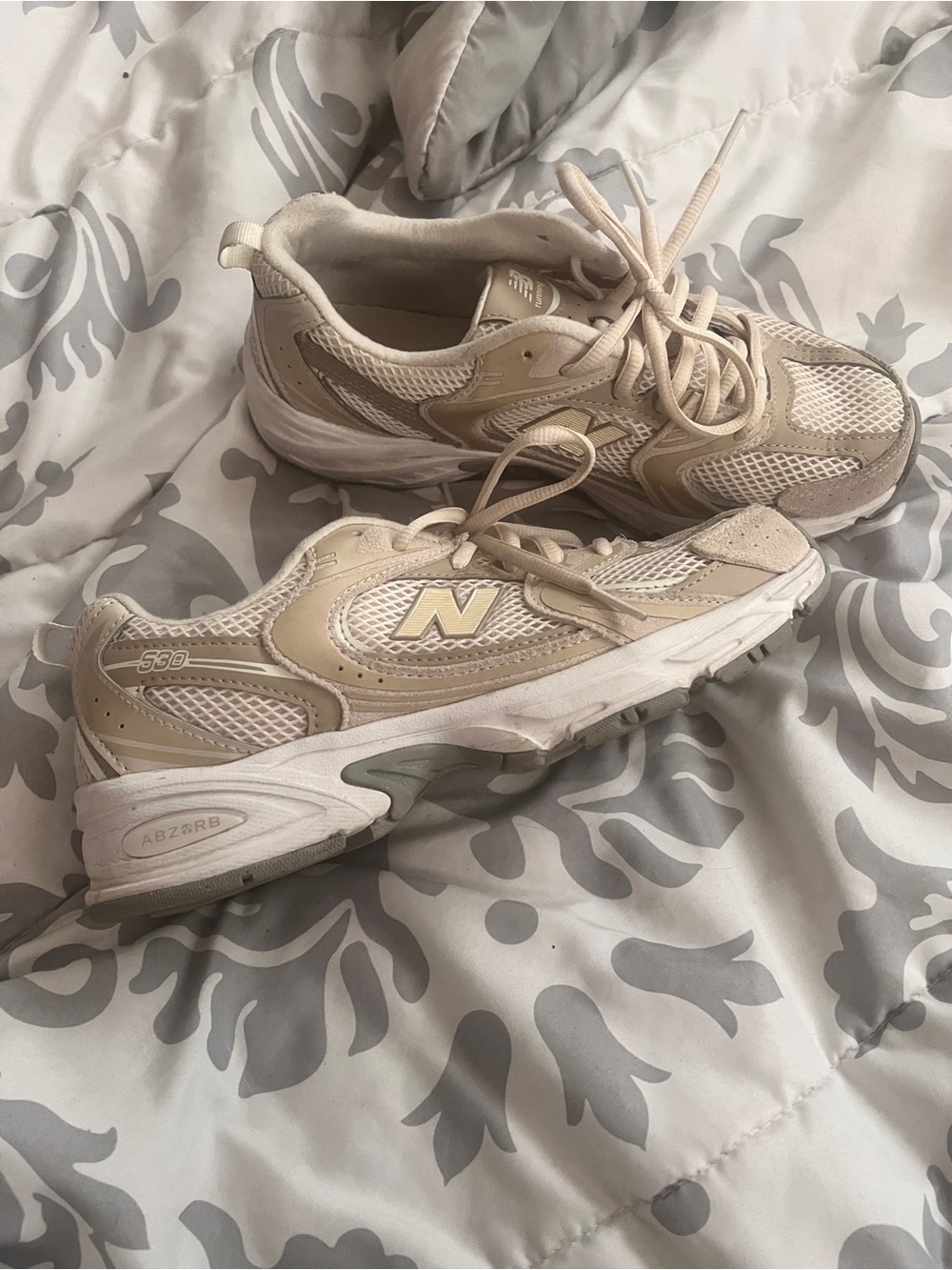 New Balance Beige and White Mesh Athletic Sneakers - Picture 3 of 3